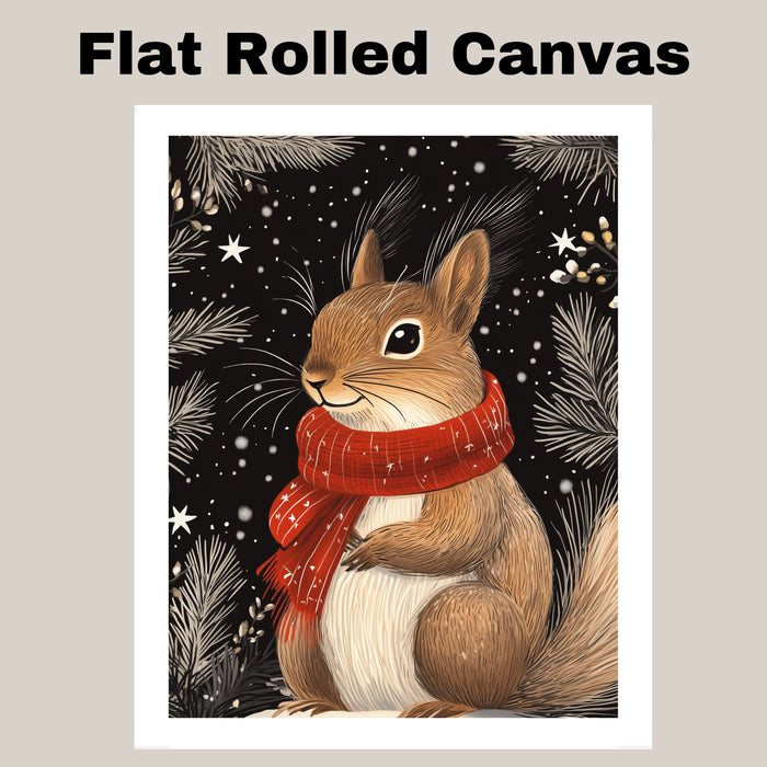 "Snowy Whimsy Squirrel" - Squirrel in Red Scarf Holding an Acorn in Winter Snow on Ready to Hang 1.5" Thick Canvas Wrap, Floating Framed Canvas, Flat Rolled Canvas