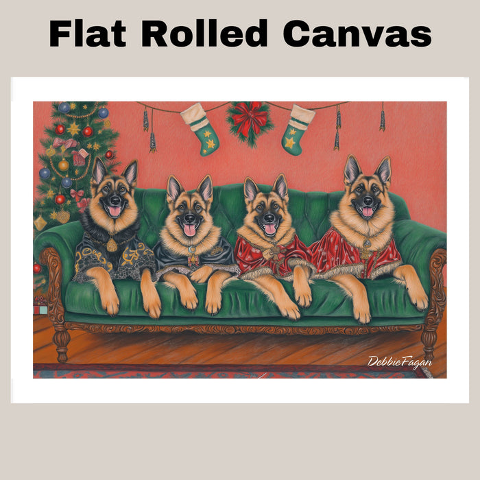 Dog Christmas Canvas - "Victorian Yuletide Splendor" - Majestic German Shepherds Amidst a Festive Winter Wonderland on Ready to Hang 1.5" Thick Canvas Wrap, Floating Framed Canvas, Flat Rolled Canvas