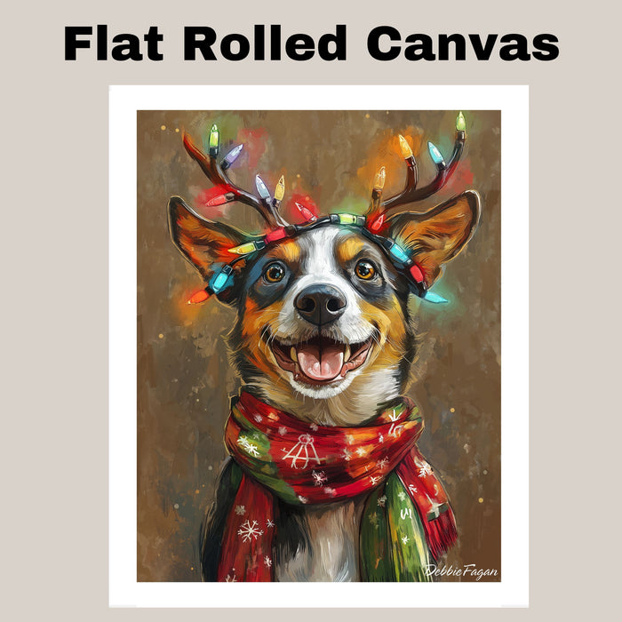 Holiday Bliss - 'Rustic Cheer' - Australian Shepherd Dog with Lighted Antlers & Cozy Scarf on Rustic Background, Ready to Hang 1.5" Thick Canvas Wrap, Floating Framed Canvas, Flat Rolled Canvas