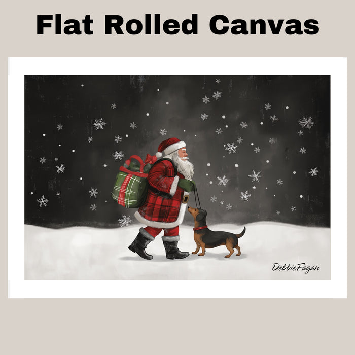 Doxie Christmas Canvas  - "Snowy Adventure" - Dachshund and Santa in The Winter Snow on Ready to Hang 1.5" Thick Canvas Wrap, Floating Framed Canvas, Flat Rolled Canvas