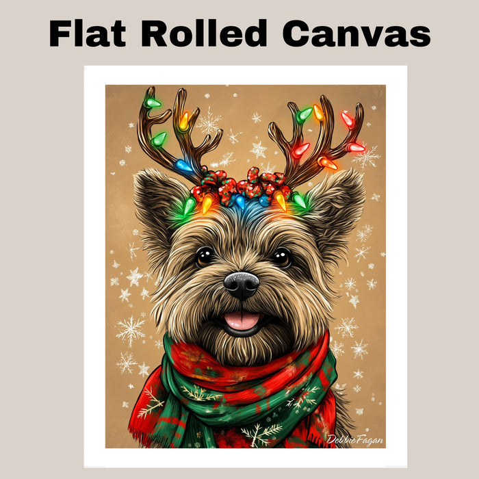 "Snowy Paws" - Cairn Terrier Dog with Lighted Antlers & Festive Scarf on Rustic Background with Snowflakes, Ready to Hang 1.5" Thick Canvas Wrap, Floating Framed Canvas, Flat Rolled Canvas