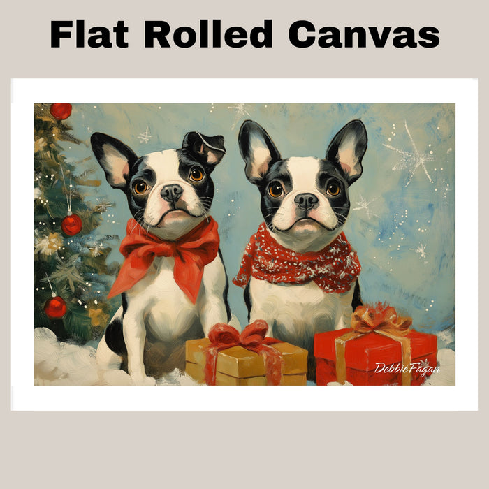 "Winter Whimsy" - French Bulldogs in Cozy Scarves Amidst a Snowy Wonderland with Christmas Tree and Gifts on Ready to Hang 1.5" Thick Canvas Wrap, Floating Framed Canvas, Flat Rolled Canvas