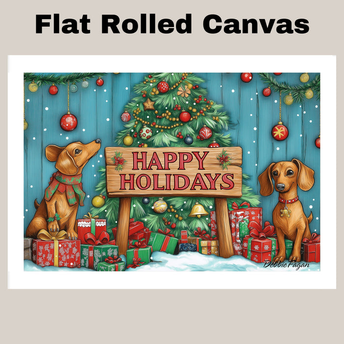 "Puppy Wonderland" - Adorable Puppies Playing in Winter Snow with Festive Christmas Trees and Presents on Ready to Hang 1.5" Thick Canvas Wrap, Floating Framed Canvas, Flat Rolled Canvas