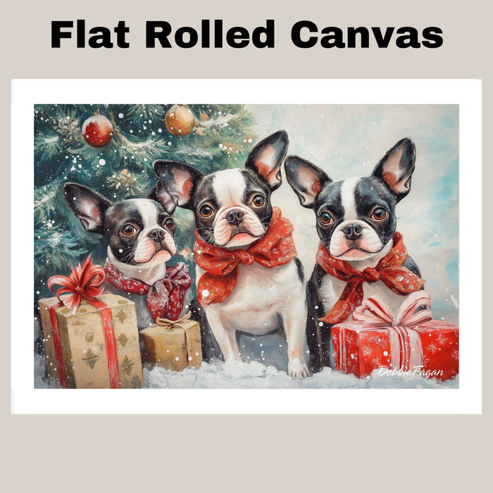 "Frenchie Winter Wonderland" - French Bulldogs Playing in the Snow Among Christmas Trees and Gifts on Ready to Hang 1.5" Thick Canvas Wrap, Floating Framed Canvas, Flat Rolled Canvas