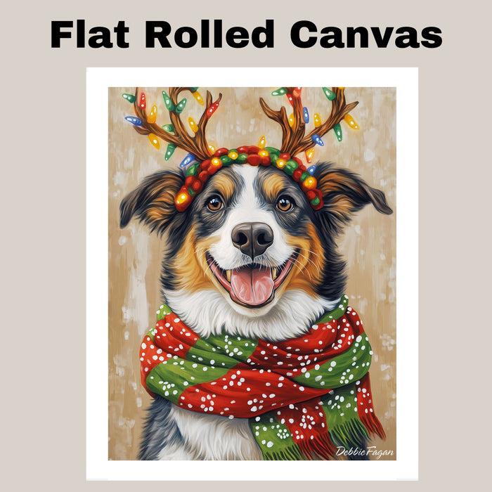 Holiday Spirit - 'Festive Flicker' - Australian Shepherd Dog with Lighted Antlers & Cozy Scarf on Rustic Background, Ready to Hang 1.5" Thick Canvas Wrap, Floating Framed Canvas, Flat Rolled Canvas