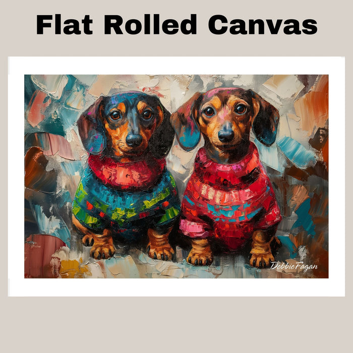 Dachshund Christmas Canvas - "Wiener Doxie Duo Charm" - Cozy Sweater Pair on Abstract Oil-Style Background on Ready to Hang 1.5" Thick Canvas Wrap, Floating Framed Canvas, Flat Rolled Canvas