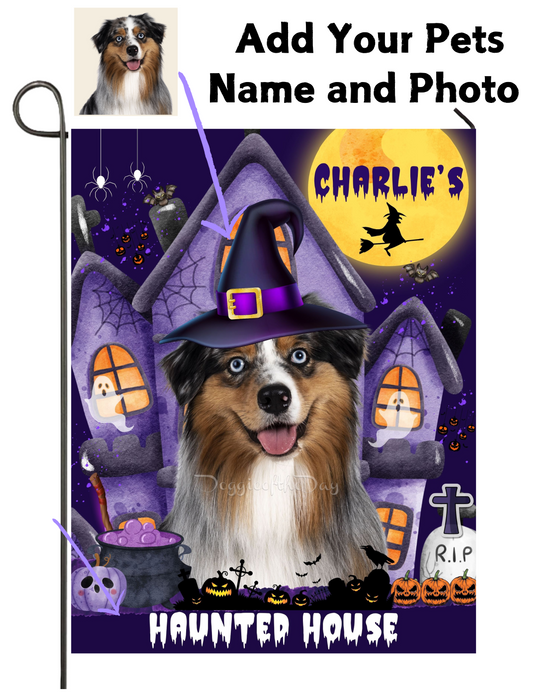 Custom Dog Portrait from Photo on Haunted House Sign Garden Flag, Customized Halloween Yard Art Garden Decor, Art to Print, Digital Download