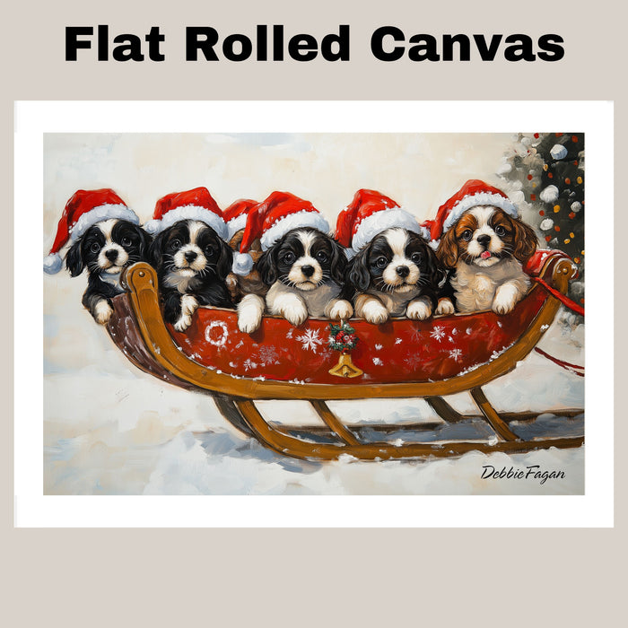 Dog Christmas Canvas  - "Santa's Little Helpers" - Adorable Puppies in Santa Hats on a Sleigh in a Winter Wonderland on Ready to Hang 1.5" Thick Canvas Wrap, Floating Framed Canvas, Flat Rolled Canvas