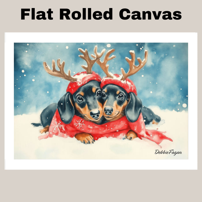 Doxie Christmas Canvas  - "Snowy Snouts" - Cozy Dachshund Dogs with Colorful Antlers in the Winter Snow on Ready to Hang 1.5" Thick Canvas Wrap, Floating Framed Canvas, Flat Rolled Canvas