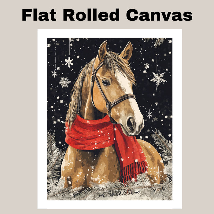 "Frosted Grace Horse" - Horse in Red Scarf Standing in Snowy Winter Scene on Ready to Hang 1.5" Thick Canvas Wrap, Floating Framed Canvas, Flat Rolled Canvas