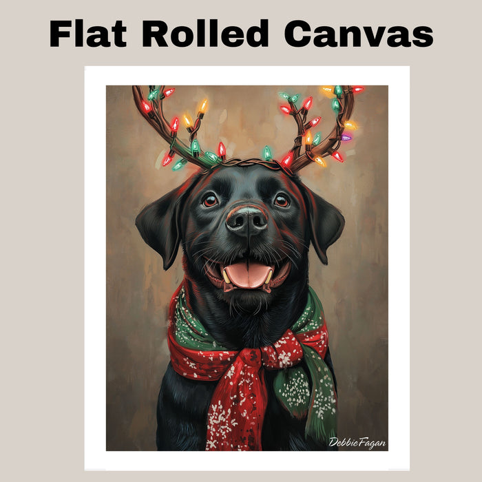 "Rustic Antlers" - Black Labrador Dog with Christmas Lights & Cozy Scarf on Rustic Background, Ready to Hang 1.5" Thick Canvas Wrap, Floating Framed Canvas, Flat Rolled Canvas