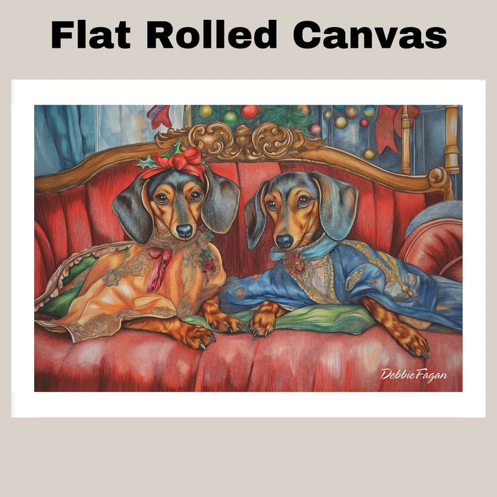 Dachshund Christmas Canvas - "Chic Doxies in Cozy Serenity" - Elegant Dogs Relaxing on a Couch on Ready to Hang 1.5" Thick Canvas Wrap, Floating Framed Canvas, Flat Rolled Canvas