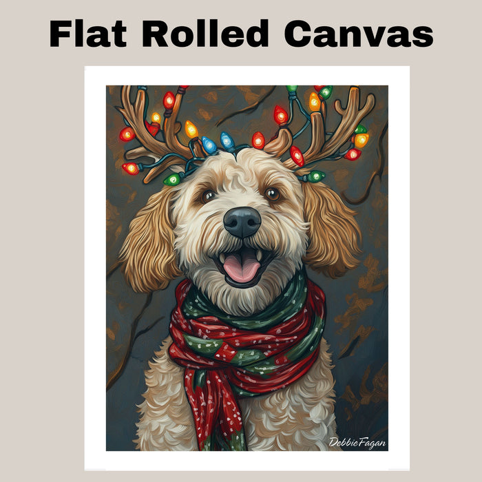 Rustic Merriment' - Bernedoodle Dog with Festive Antlers & Warm Scarf on Rustic Canvas Ready to Hang 1.5" Thick Canvas Wrap, Floating Framed Canvas, Flat Rolled Canvas