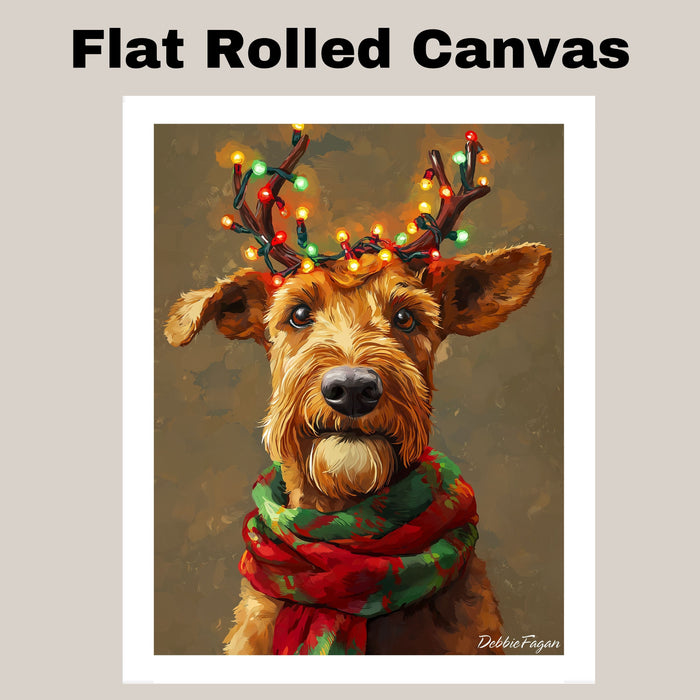 Airedale Christmas Glow - 'Yuletide Antlers' - Airedale Dog with Lighted Antlers and Festive Scarf on Rustic Canvas, Ready to Hang 1.5" Thick Canvas Wrap, Floating Framed Canvas, Flat Rolled Canvas