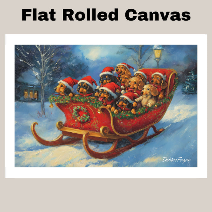 Doxie Christmas Canvas  - "Dashing Through the Snow" - Dachshund Puppies in Santa Hats Sleighing Adventure on Ready to Hang 1.5" Thick Canvas Wrap, Floating Framed Canvas, Flat Rolled Canvas