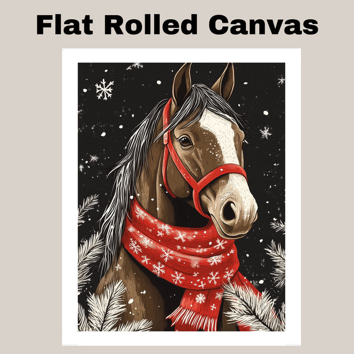 "Winter Majesty Horse" - Horse in Red Scarf Standing in Snow on Ready to Hang 1.5" Thick Canvas Wrap, Floating Framed Canvas, Flat Rolled Canvas