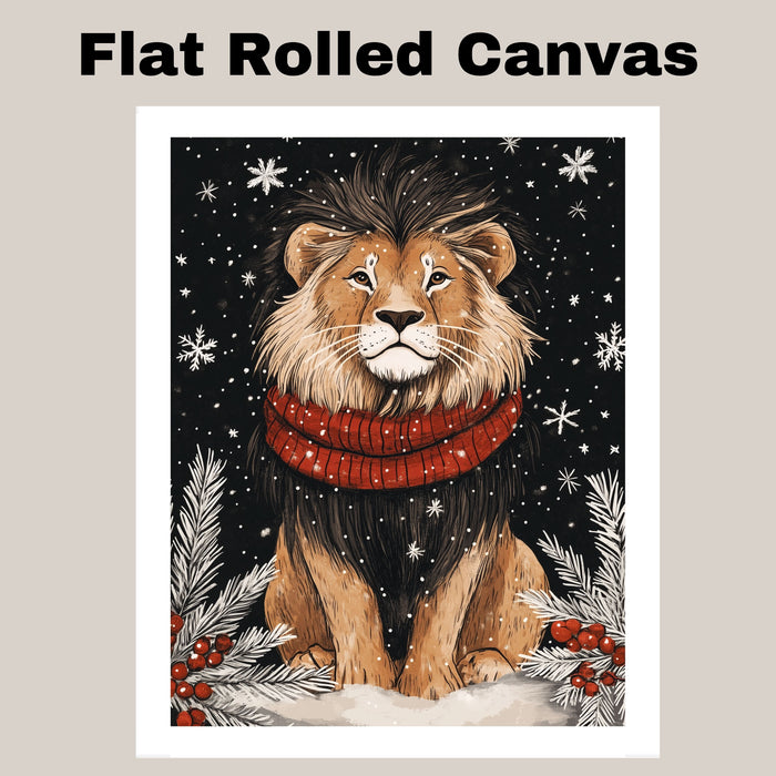 "Winter Majesty Lion" - Lion in Red Scarf Resting in Snowy Landscape on Ready to Hang 1.5" Thick Canvas Wrap, Floating Framed Canvas, Flat Rolled Canvas