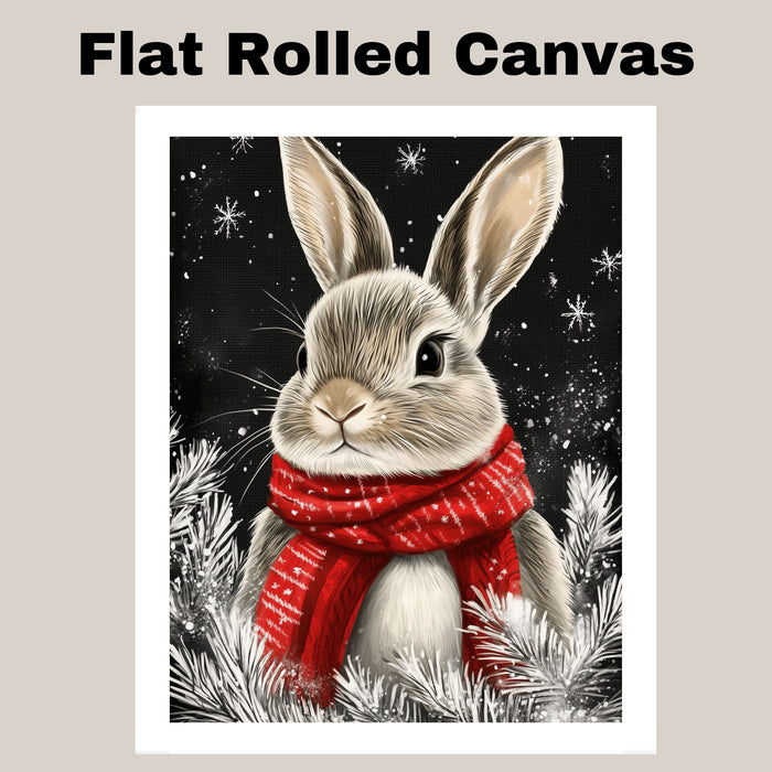 "Cozy Snow Bunny" - Bunny in Red Scarf Sitting in Winter Snow on Ready to Hang 1.5" Thick Canvas Wrap, Floating Framed Canvas, Flat Rolled Canvas