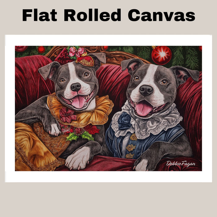 Staffie Christmas Canvas - "Victorian Whimsy" - American Staffordshire Bull Terriers in Elegant Attire on Ready to Hang 1.5" Thick Canvas Wrap, Floating Framed Canvas, Flat Rolled Canvas