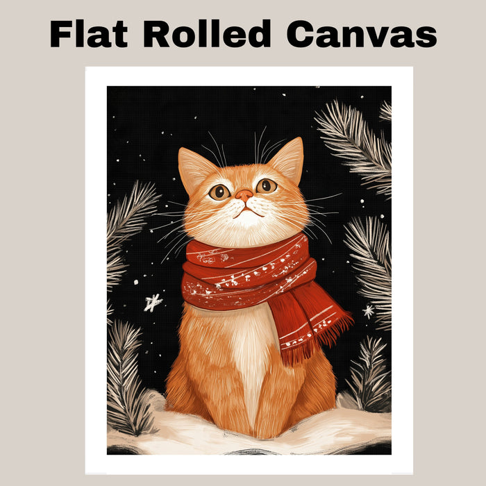 "Winter Paws Cat" - Cat in Red Scarf Sitting in Snow on Ready to Hang 1.5" Thick Canvas Wrap, Floating Framed Canvas, Flat Rolled Canvas