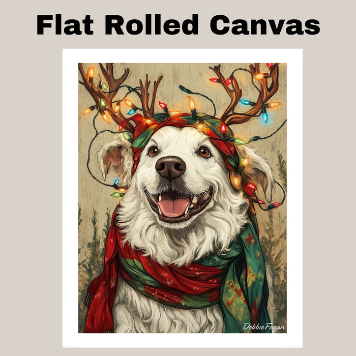 Holiday Joy - 'Winter Wonderland' - Dog with Christmas Lights & Scarf on Rustic Canvas, Ready to Hang 1.5" Thick Canvas Wrap, Floating Framed Canvas, Flat Rolled Canvas