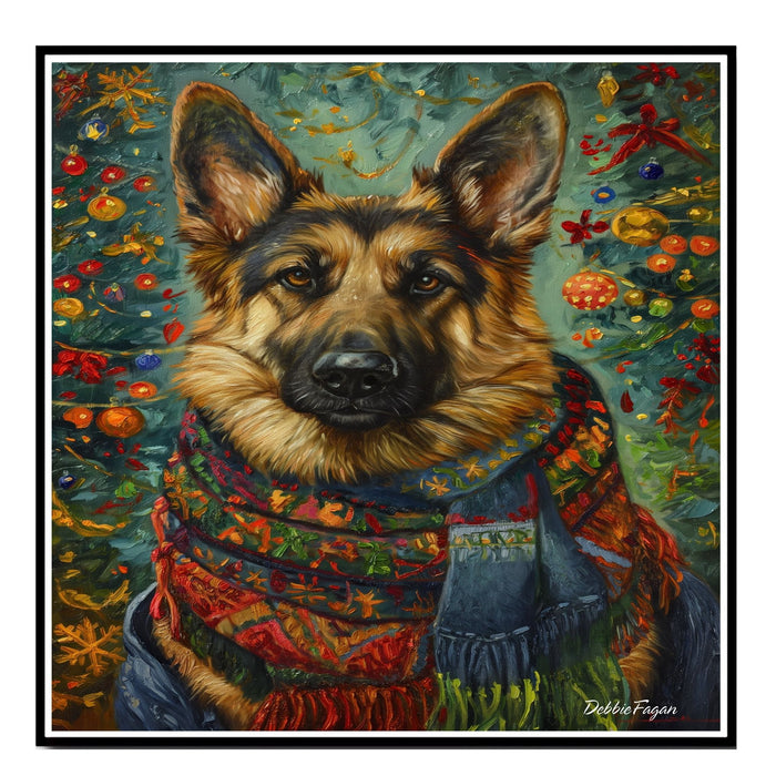 German Shepherd Dog in Winter Scarf with Christmas Tree Art Print on 1.5" Thick Canvas Wrap, Floating Framed Canvas, Flat Rolled Canvas