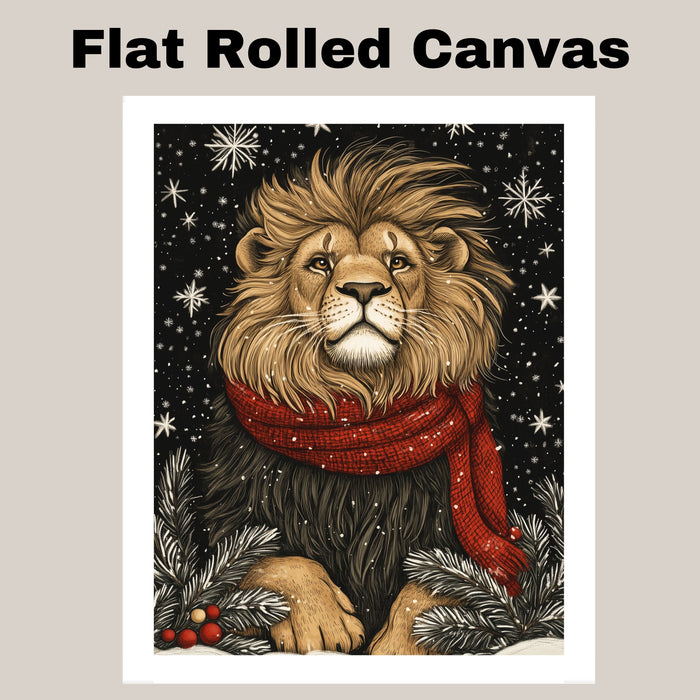 "Snow King Lion" - Lion in Red Scarf Posing in Winter Snow on Ready to Hang 1.5" Thick Canvas Wrap, Floating Framed Canvas, Flat Rolled Canvas