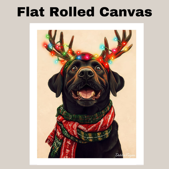 "Classic Cheer" - Black Labrador Dog with Lighted Antlers & Festive Scarf on Plain Beige Canvas, Ready to Hang 1.5" Thick Canvas Wrap, Floating Framed Canvas, Flat Rolled Canvas