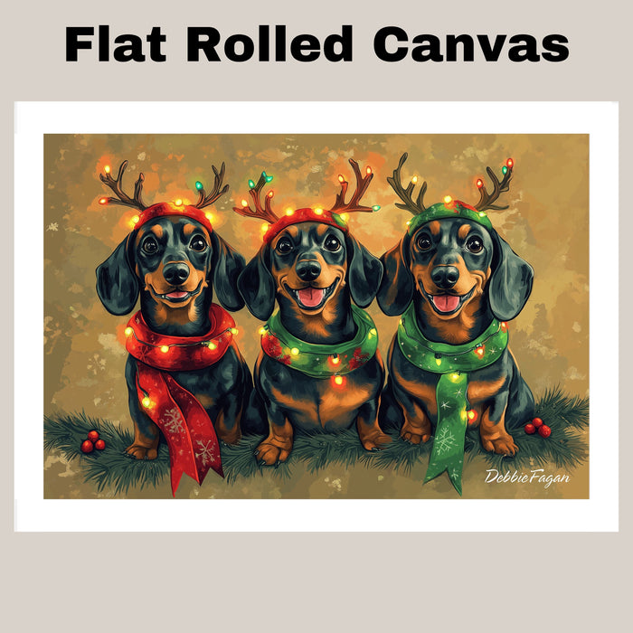 Dachshund Dogs Wrapped in Christmas String Lights on 1.5" Thick Canvas Wrap, Floating Framed Canvas, Flat Rolled Canvas, Premium Quality Ready to Hang Room Decor Wall Art