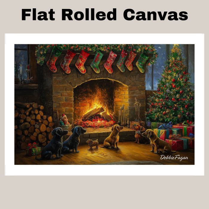 Dachshund Christmas Canvas - "Festive Fireside Friends" - Cozy Wiener Dogs by the Christmas Fireplace on Ready to Hang 1.5" Thick Canvas Wrap, Floating Framed Canvas, Flat Rolled Canvas