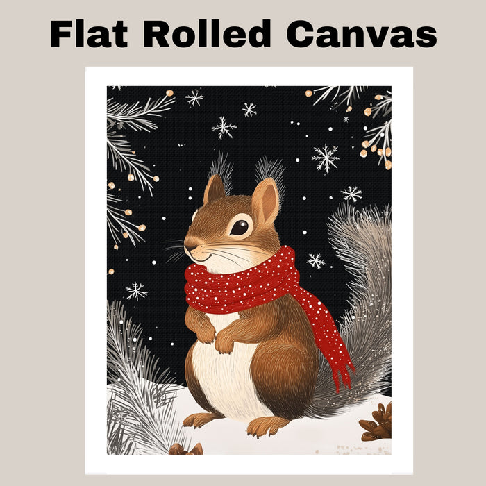 "Frosty Friend Squirrel" - Squirrel in Red Scarf Nestled in Snowy Scene on Ready to Hang 1.5" Thick Canvas Wrap, Floating Framed Canvas, Flat Rolled Canvas