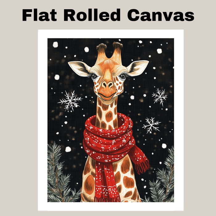 "Snowy Grace Giraffe" - Giraffe in Red Scarf Standing in Snow on Ready to Hang 1.5" Thick Canvas Wrap, Floating Framed Canvas, Flat Rolled Canvas