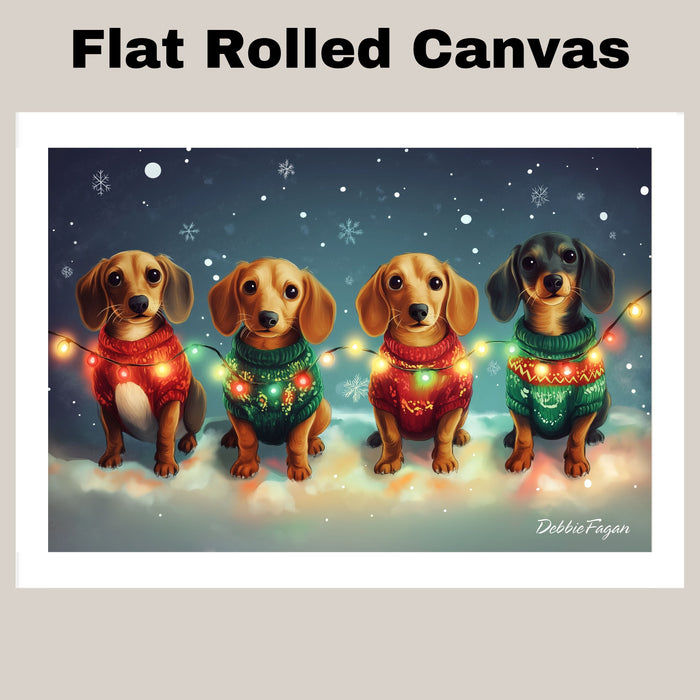 "Dachshund Merriment" - Cozy Doxies in Festive Sweaters & Twinkling Holiday Lights in Winter Wonderland on Ready to Hang 1.5" Thick Canvas Wrap, Floating Framed Canvas, Flat Rolled Canvas