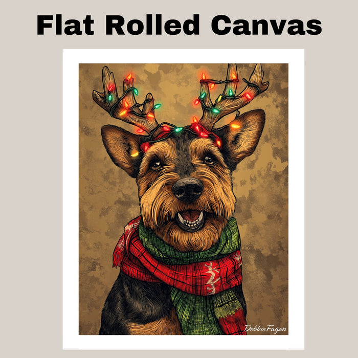 Airedale Holiday Cheer - 'Festive Fuzz' - Airedale Dog with Lit Antler Headband & Cozy Scarf on Rustic Background, Ready to Hang 1.5" Thick Canvas Wrap, Floating Framed Canvas, Flat Rolled Canvas