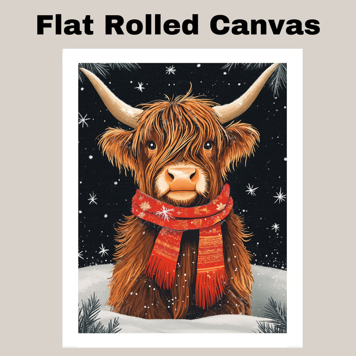 "Highland Winter Charm" - Highland Cow in Red Scarf Resting in Snow on Ready to Hang 1.5" Thick Canvas Wrap, Floating Framed Canvas, Flat Rolled Canvas