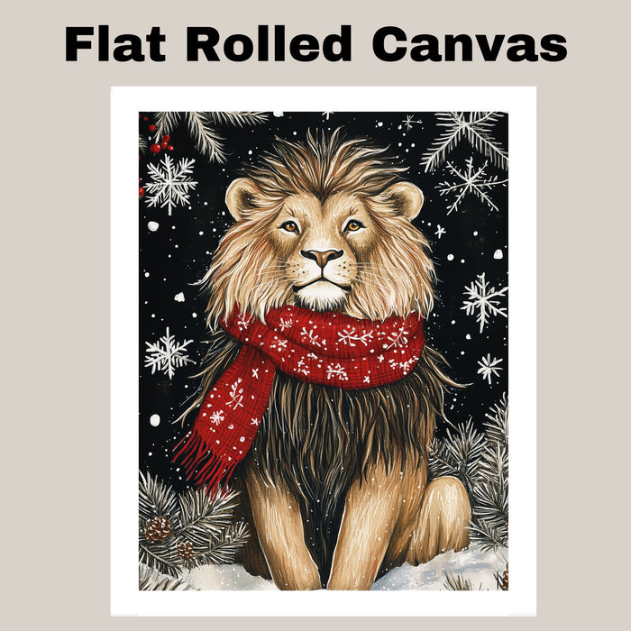 "Majestic Winter Lion" - Lion in Red Scarf Roaming the Snow on Ready to Hang 1.5" Thick Canvas Wrap, Floating Framed Canvas, Flat Rolled Canvas