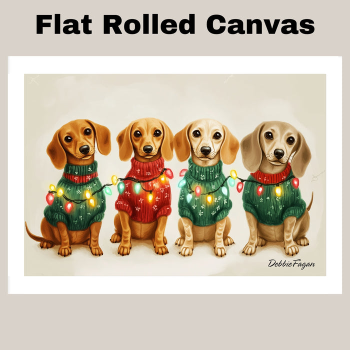 Christmas Canvas  - ÒDachshund SnugglesÓ - Adorable Dogs in Cozy Sweaters Wrapped in Colorful Christmas Lights on Ready to Hang 1.5" Thick Canvas Wrap, Floating Framed Canvas, Flat Rolled Canvas