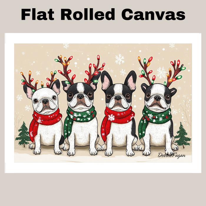 French Bulldogs Christmas Canvas - "Frenchie Frost" - with Festive Antlers in Winter Snow on Ready to Hang 1.5" Thick Canvas Wrap, Floating Framed Canvas, Flat Rolled Canvas