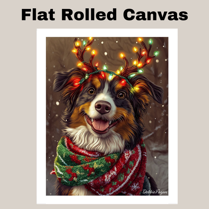 Forest Glow' - Australian Shepherd with Lighted Antlers & Festive Scarf in Snowy Forest Scene, Ready to Hang 1.5" Thick Canvas Wrap, Floating Framed Canvas, Flat Rolled Canvas