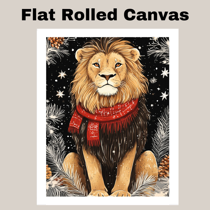 "Frosted Pride Lion" - Lion in Red Scarf Amidst Snowy Scenery on Ready to Hang 1.5" Thick Canvas Wrap, Floating Framed Canvas, Flat Rolled Canvas