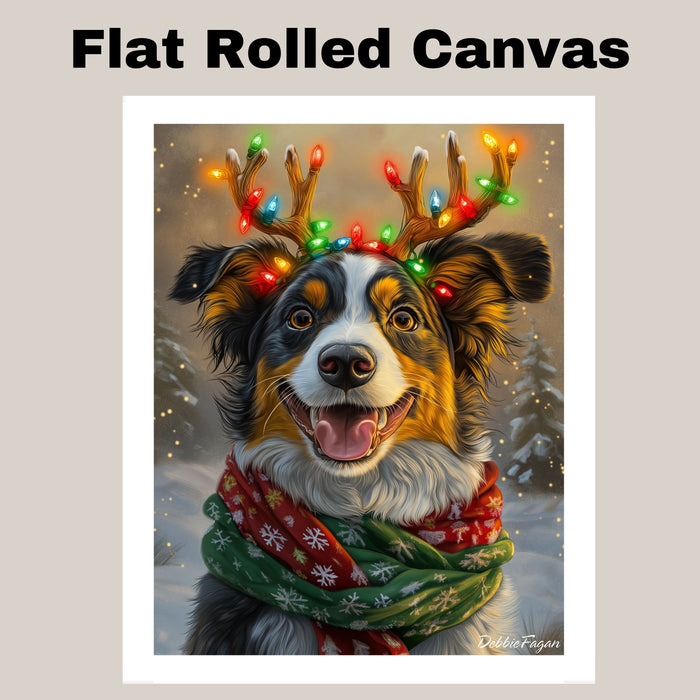 Australian Shepherd Christmas Charm - 'Merry Antlers' - Australian Shepherd Dog with Glowing Antlers & Holiday Scarf on Ready to Hang 1.5" Thick Canvas Wrap, Floating Framed Canvas, Flat Rolled Canvas