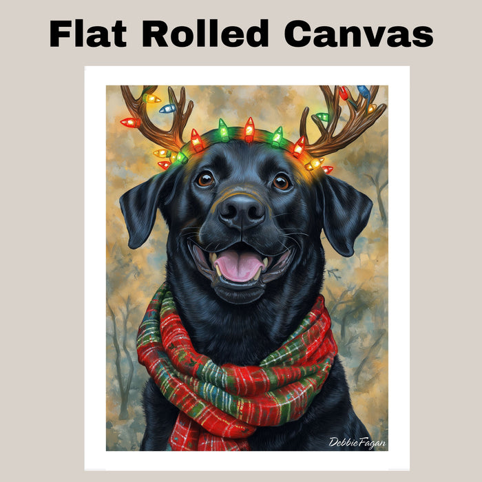 Forest Glow' - Black Labrador Dog with Lighted Antlers & Holiday Scarf in Snowy Forest, Ready to Hang 1.5" Thick Canvas Wrap, Floating Framed Canvas, Flat Rolled Canvas