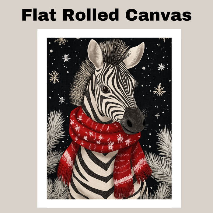 "Snowy Stripes Zebra" - Zebra in Red Scarf Standing in Winter Snow on Ready to Hang 1.5" Thick Canvas Wrap, Floating Framed Canvas, Flat Rolled Canvas