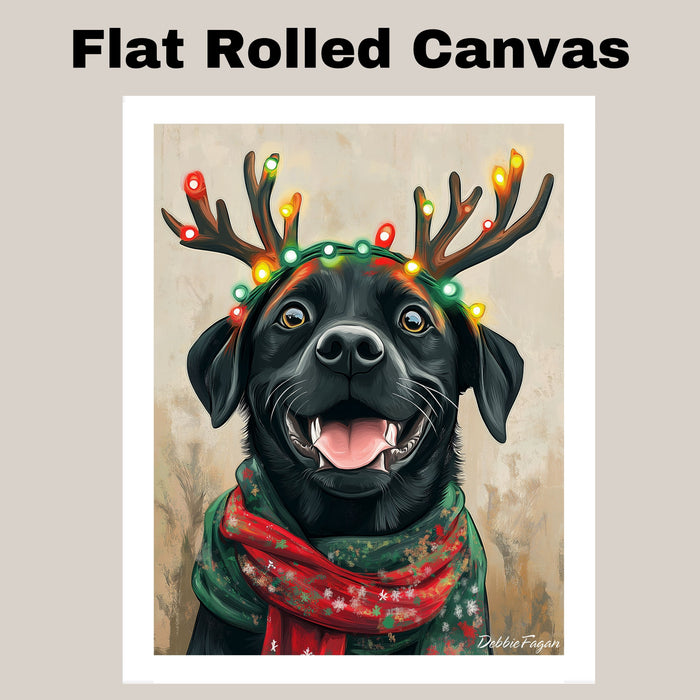 "Rustic Noel" - Black Labrador Dog with Festive Antlers & Cozy Scarf on Rustic Canvas, Ready to Hang 1.5" Thick Canvas Wrap, Floating Framed Canvas, Flat Rolled Canvas