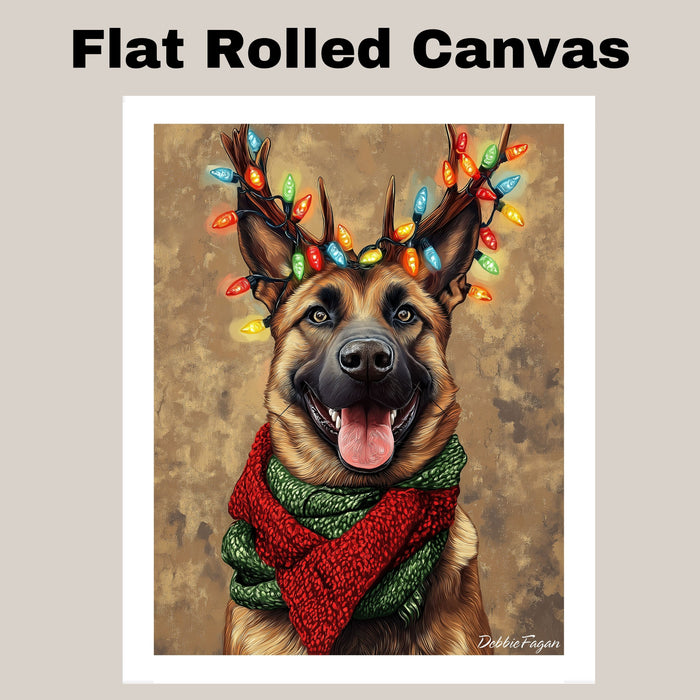 Rustic Cheer' - Belgian Malinois Dog with Christmas Lights & Cozy Scarf on Rustic Background, Ready to Hang 1.5" Thick Canvas Wrap, Floating Framed Canvas, Flat Rolled Canvas