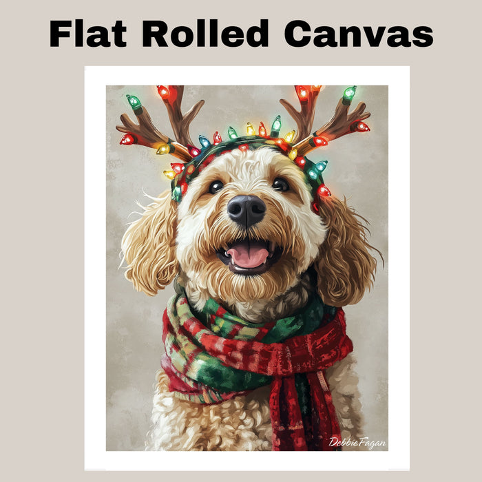 Rustic Joy' - Bernedoodle Dog with Lighted Antlers & Cozy Scarf on Rustic Canvas, Ready to Hang 1.5" Thick Canvas Wrap, Floating Framed Canvas, Flat Rolled Canvas