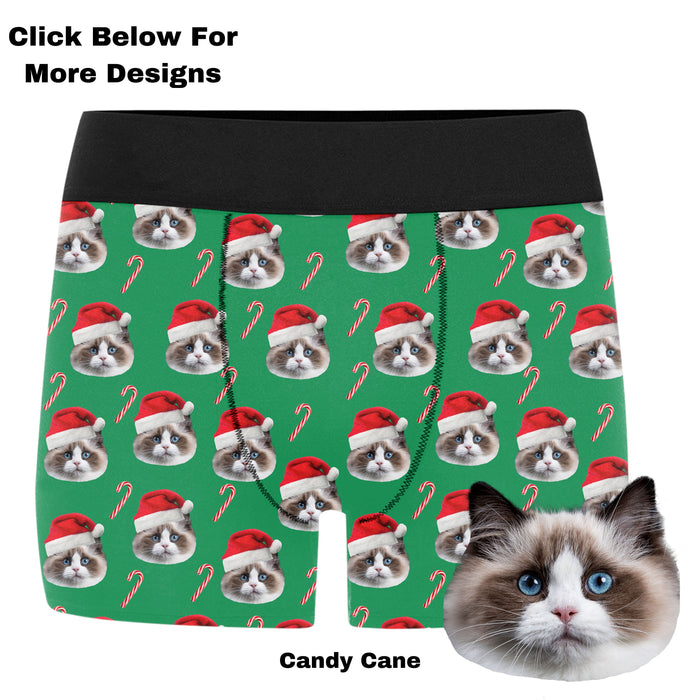 Customized Christmas Candy Cane Boxer Briefs, Cute Dog and Cat Photo on Custom Boxers, Personalized Boxers Gift for Pet Lovers