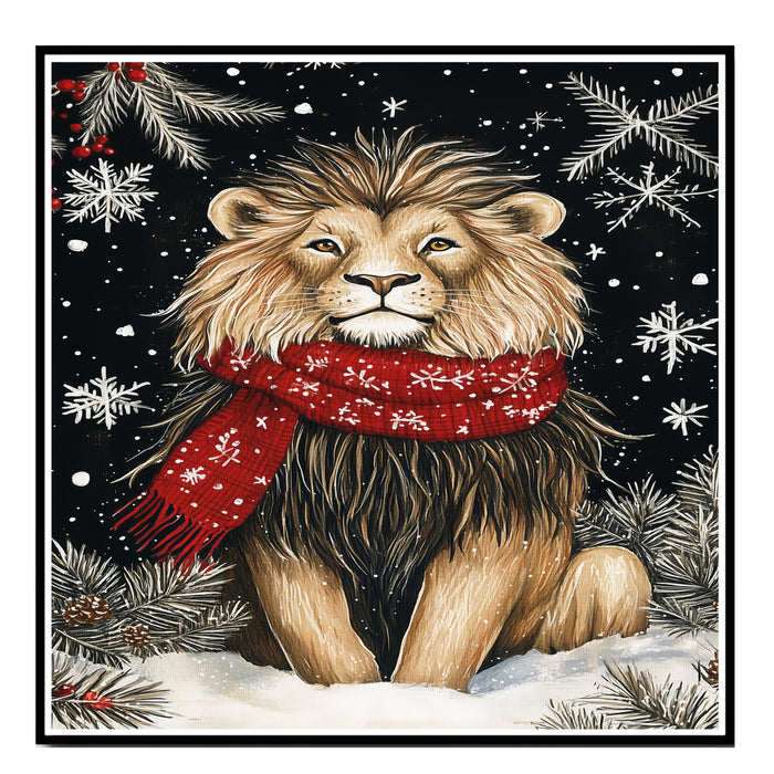 "Majestic Winter Lion" - Lion in Red Scarf Roaming the Snow on Ready to Hang 1.5" Thick Canvas Wrap, Floating Framed Canvas, Flat Rolled Canvas