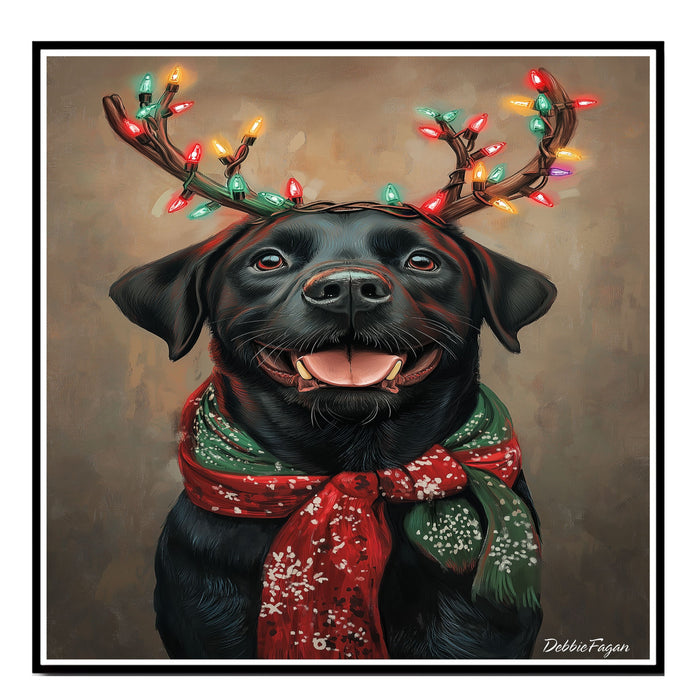 "Rustic Antlers" - Black Labrador Dog with Christmas Lights & Cozy Scarf on Rustic Background, Ready to Hang 1.5" Thick Canvas Wrap, Floating Framed Canvas, Flat Rolled Canvas