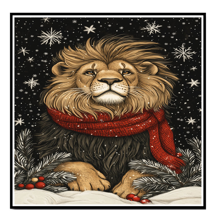 "Snow King Lion" - Lion in Red Scarf Posing in Winter Snow on Ready to Hang 1.5" Thick Canvas Wrap, Floating Framed Canvas, Flat Rolled Canvas